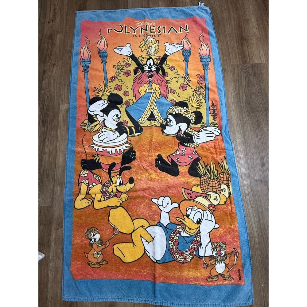WDW Disney VTG 1990s Polynesian Village Resort Beach Towel Tropical Hawaiian